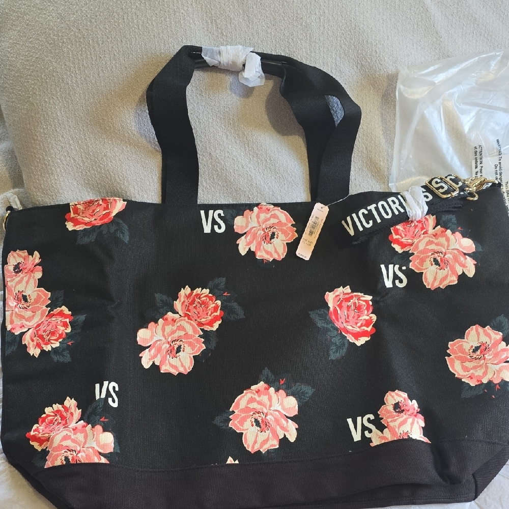 Victoria's Secret Black Tote with Pink Floral Design
